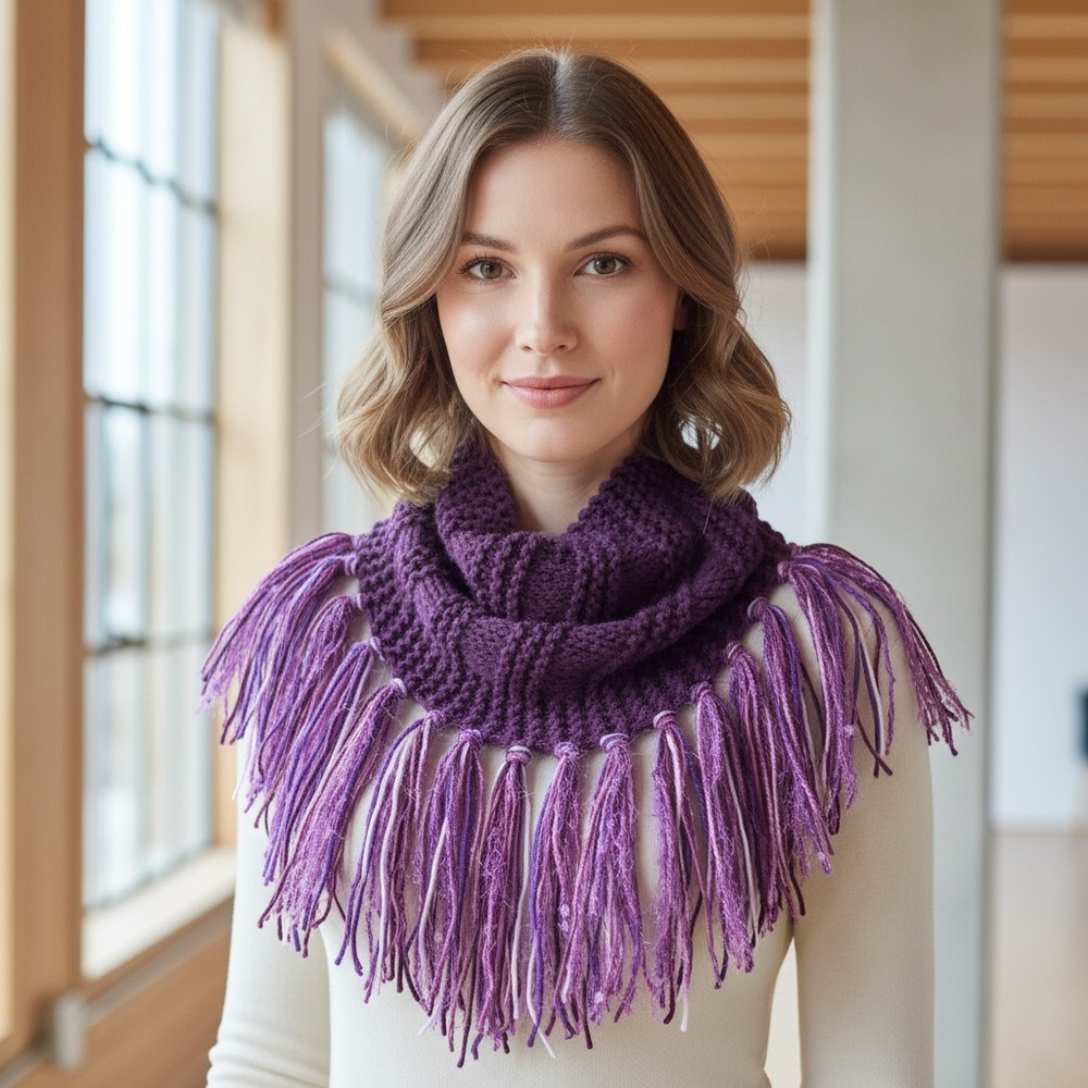 NEW Hand Knitted Purple Boho Cowl‎ Scarf Fringe Indie Artsy Western Coastal Glam